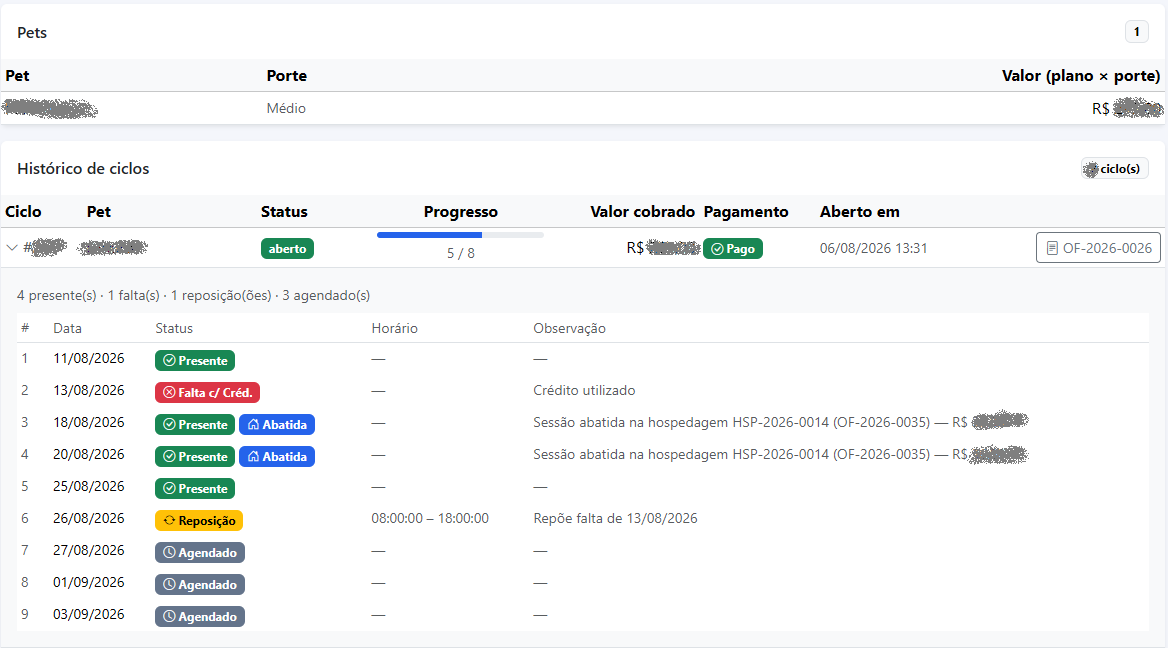 Tela de pacotes e serviços
